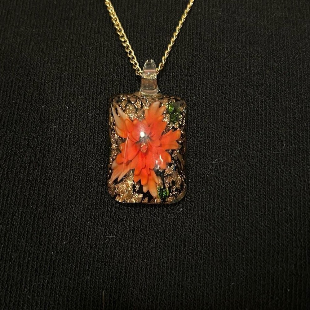 Elegant Orange and Black Floral Pendant Necklace on Gold Chain